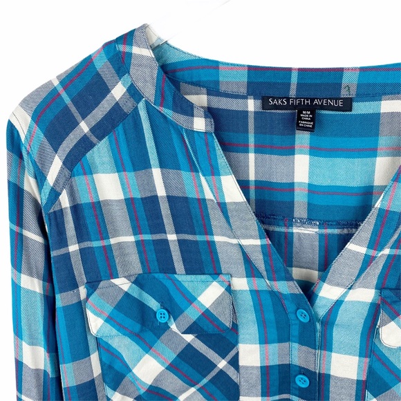 Sak’s Fifth Avenue Plaid Peasant Blouse Button Med - Picture 5 of 5